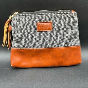 Funky Monkey Herringbone Tweed Faux Leather Clutch Wristlet Bag 8x6.5 Zip Brown